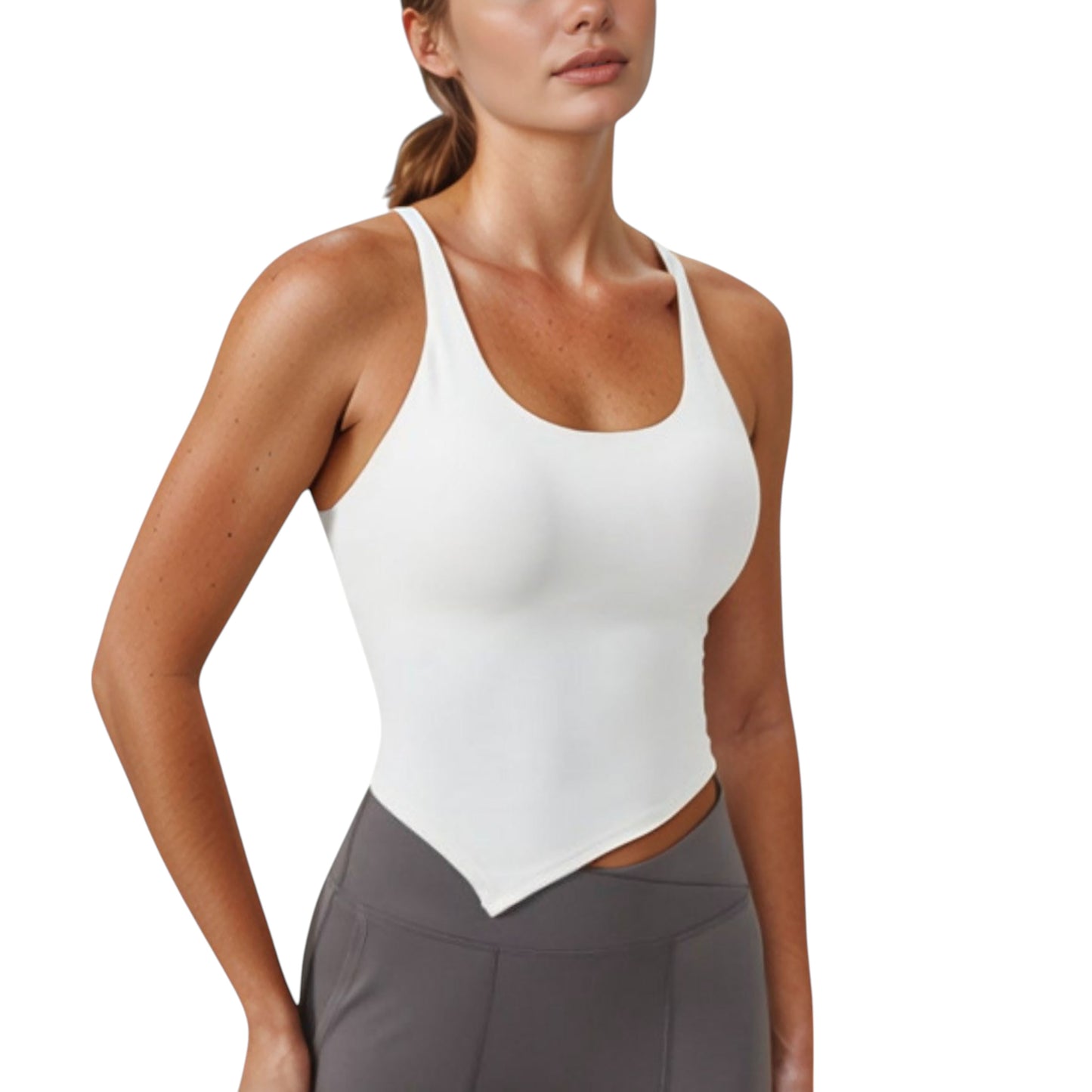 Scoop Neck Racerback Tank Top with Handkerchief Hem and Built-In Shelf Bra for Low Impact Activity