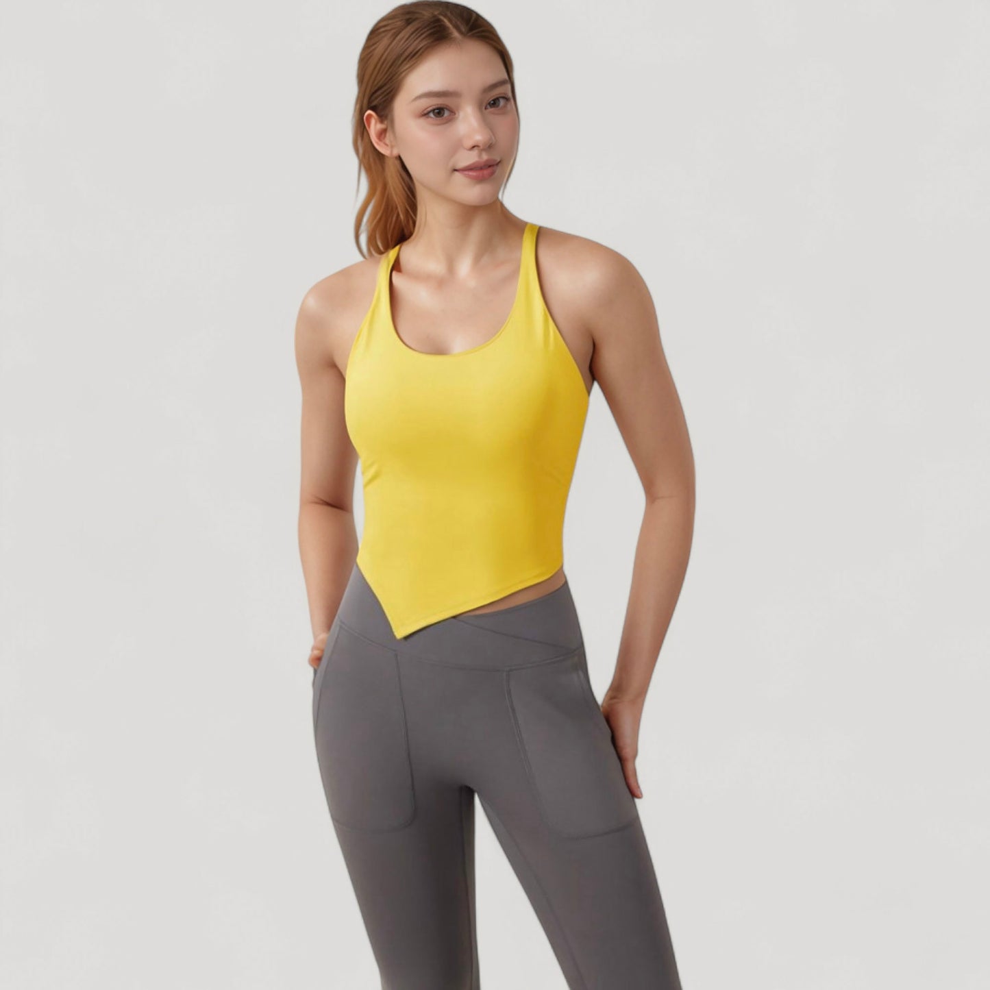 Scoop Neck Racerback Tank Top with Handkerchief Hem and Built-In Shelf Bra for Low Impact Activity