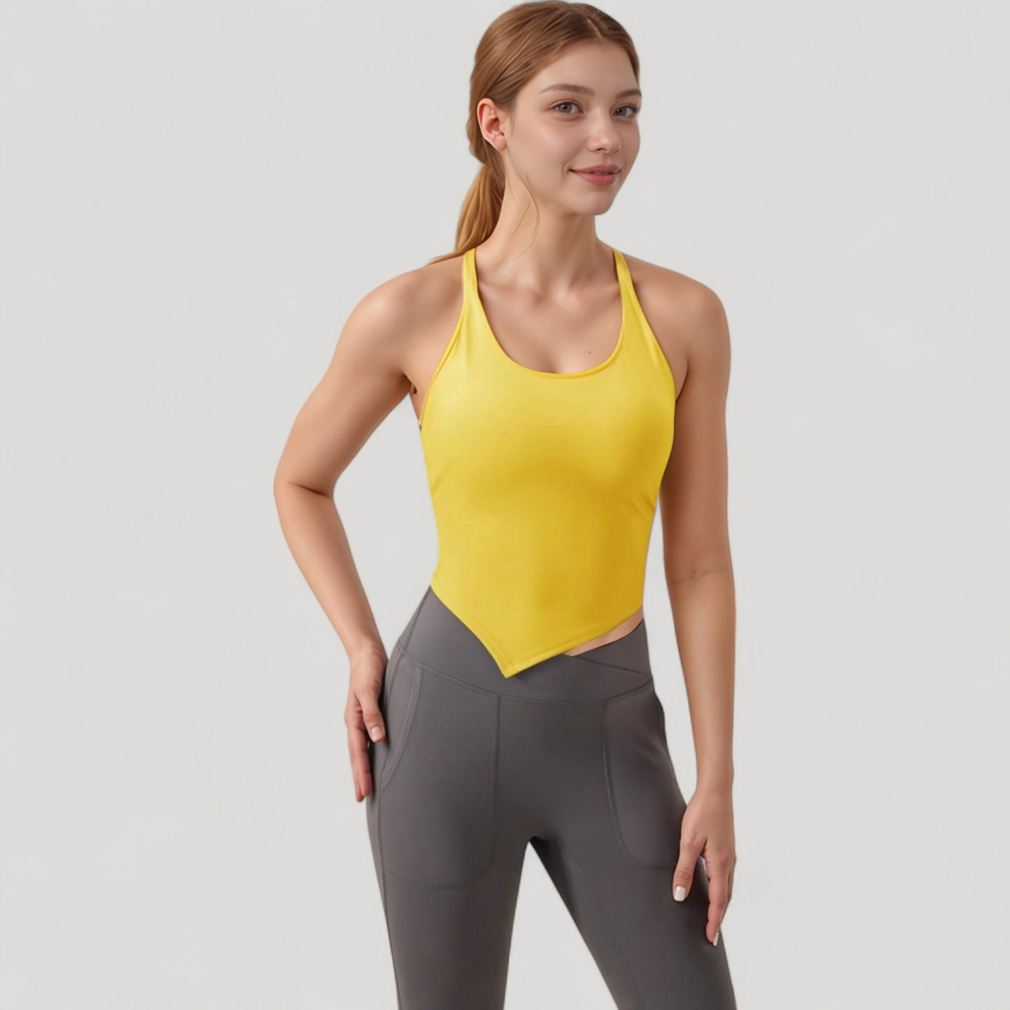 Scoop Neck Racerback Tank Top with Handkerchief Hem and Built-In Shelf Bra for Low Impact Activity
