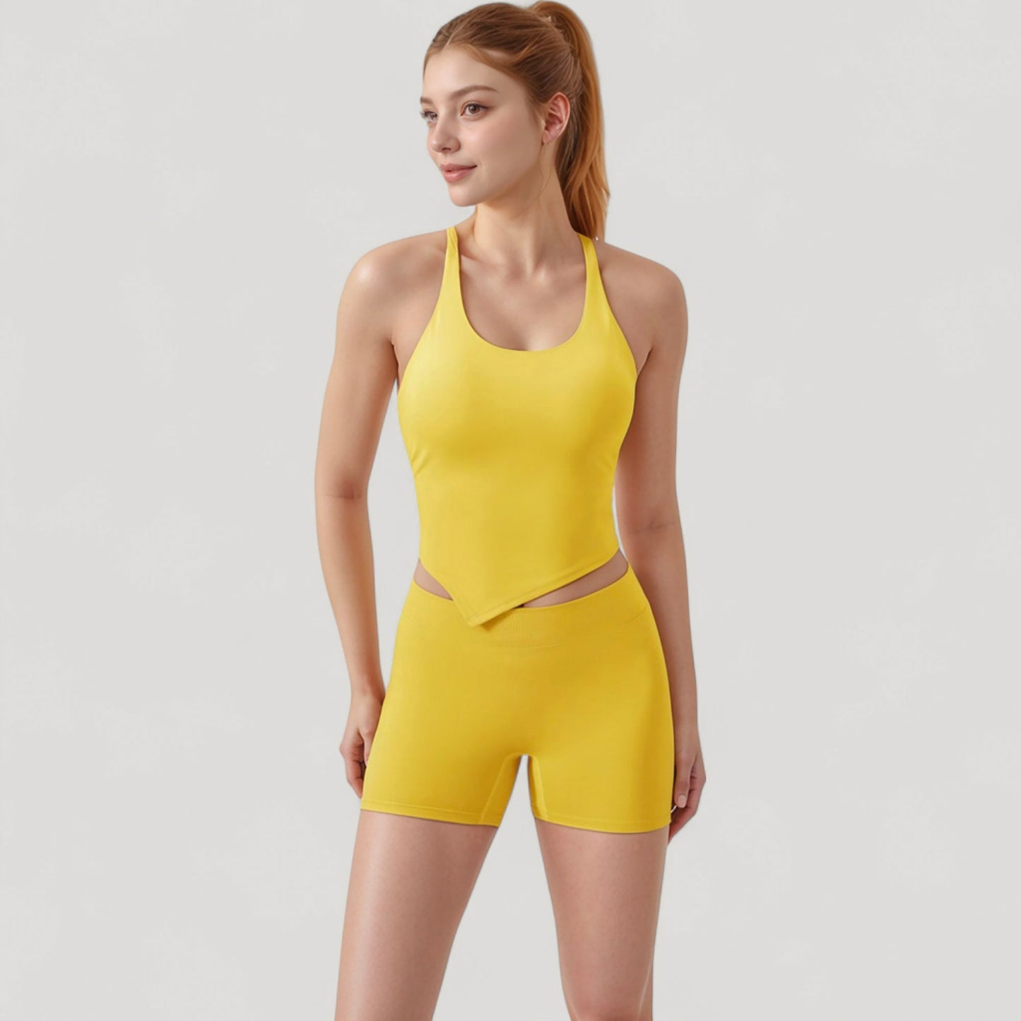 Scoop Neck Racerback Tank Top with Handkerchief Hem and Built-In Shelf Bra for Low Impact Activity