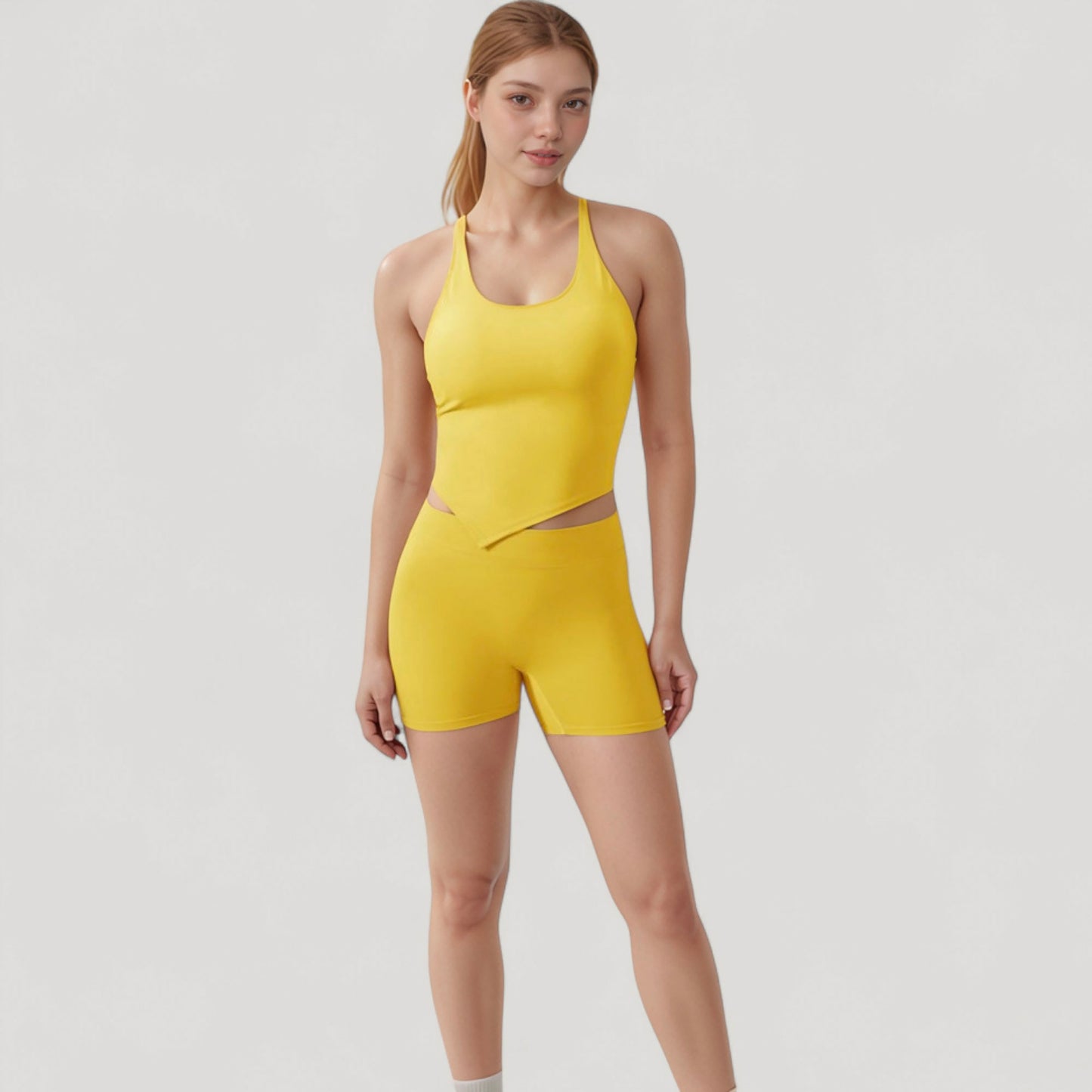 Scoop Neck Racerback Tank Top with Handkerchief Hem and Built-In Shelf Bra for Low Impact Activity