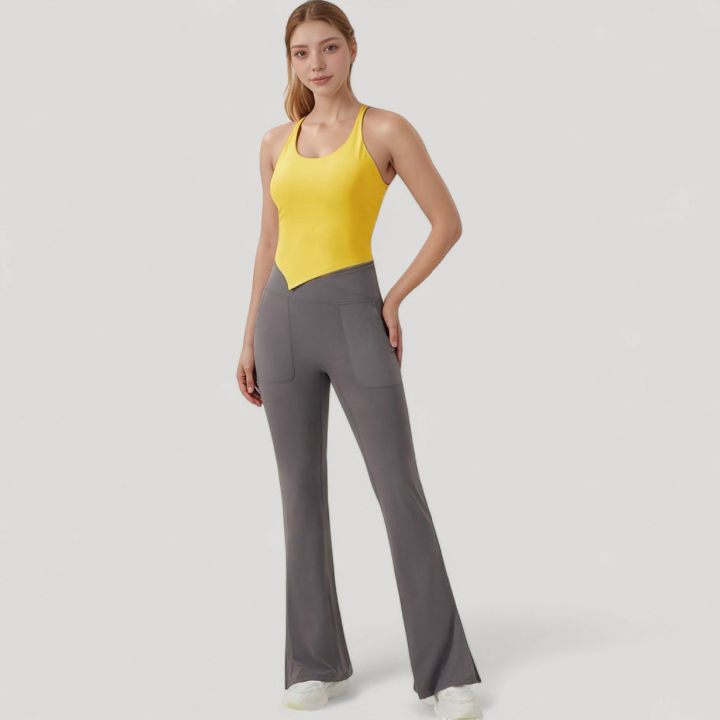 Scoop Neck Racerback Tank Top with Handkerchief Hem and Built-In Shelf Bra for Low Impact Activity