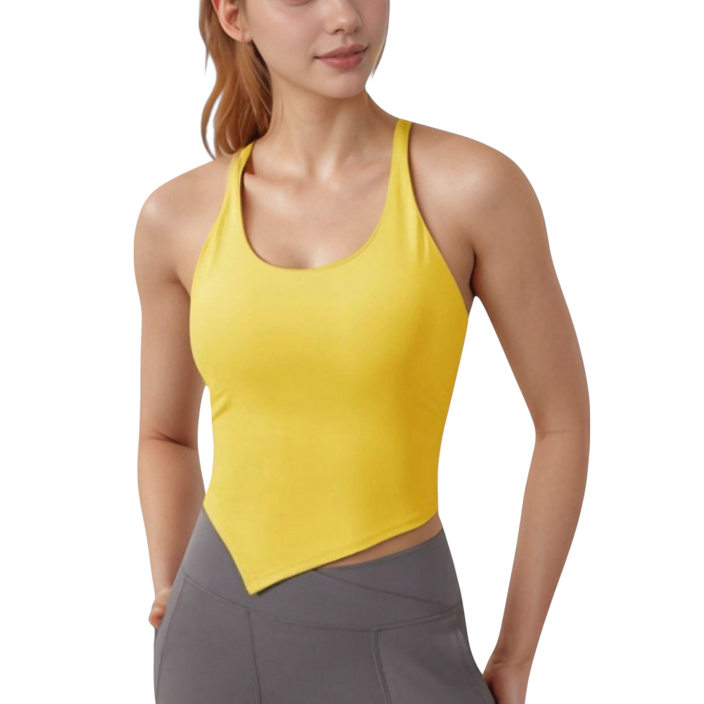 Scoop Neck Racerback Tank Top with Handkerchief Hem and Built-In Shelf Bra for Low Impact Activity