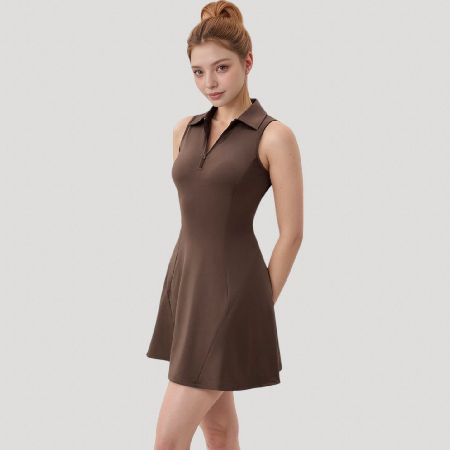Women's Sleeveless Zip-Up Tennis Dress with Collared Neckline and Flared Hem