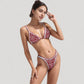 Scroll Print Bikini Set Triangle Top High Cut Bottom Contrast Trim Swimsuit