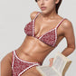Scroll Print Bikini Set Triangle Top High Cut Bottom Contrast Trim Swimsuit