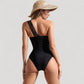 One Shoulder Monochrome Swimsuit with Asymmetrical Colorblock Design and Ring Strap Detail