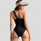 One Shoulder Monochrome Swimsuit with Asymmetrical Colorblock Design and Ring Strap Detail
