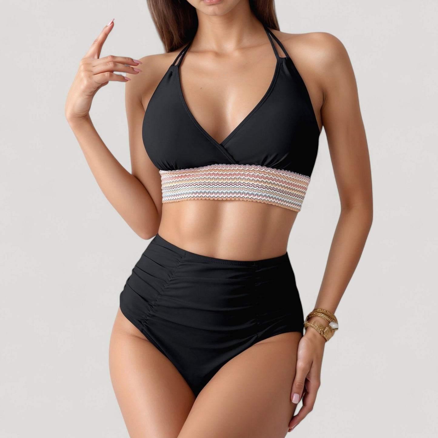 High Waist Bikini Set with Crochet Waistband and Halter V Neck Top