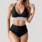 High Waist Bikini Set with Crochet Waistband and Halter V Neck Top