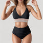 High Waist Bikini Set with Crochet Waistband and Halter V Neck Top