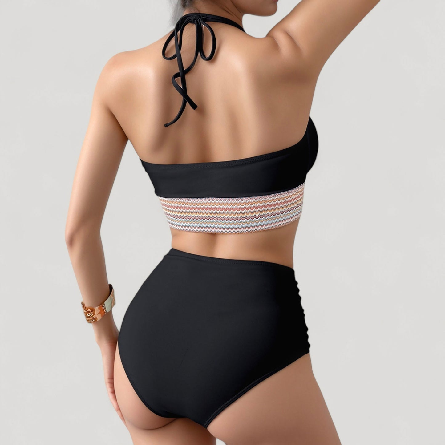 High Waist Bikini Set with Crochet Waistband and Halter V Neck Top