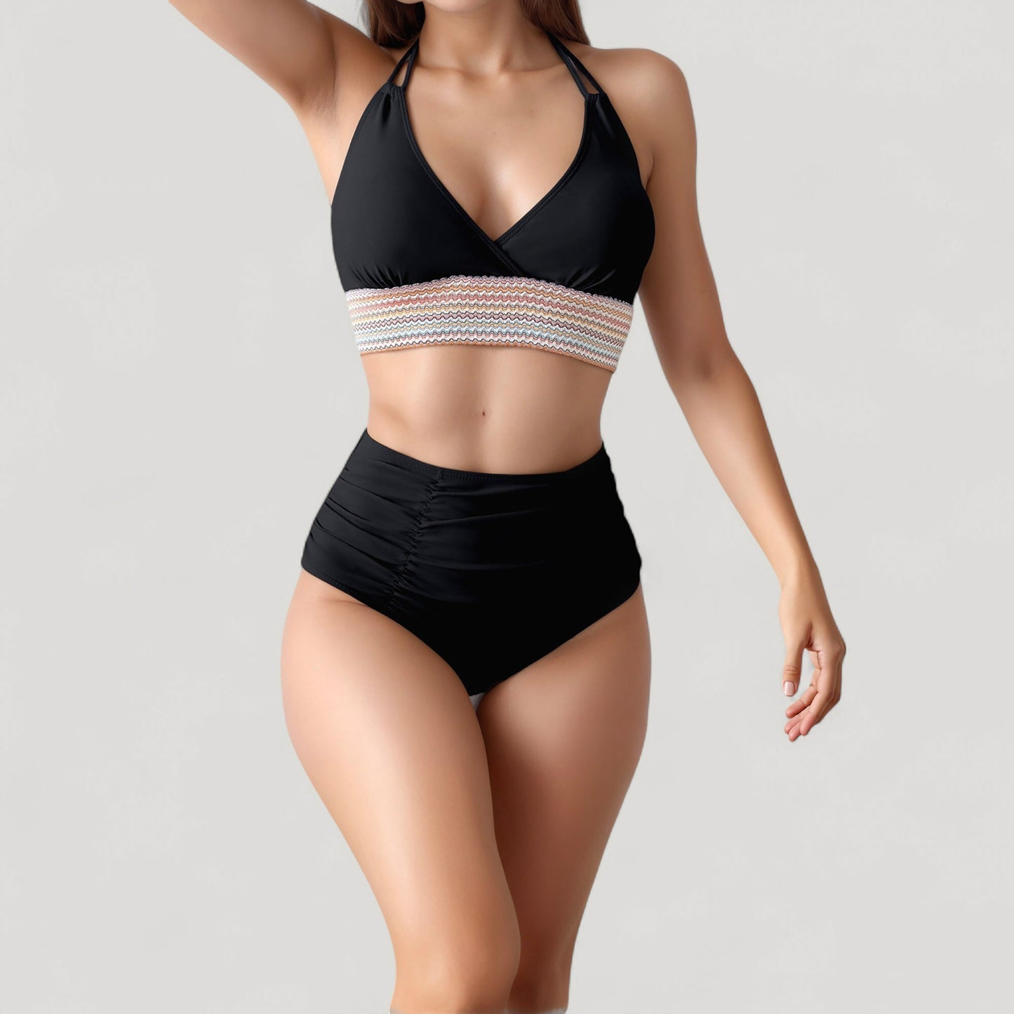 High Waist Bikini Set with Crochet Waistband and Halter V Neck Top