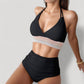 High Waist Bikini Set with Crochet Waistband and Halter V Neck Top