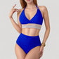 High Waist Bikini Set with Crochet Waistband and Halter V Neck Top