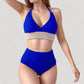 High Waist Bikini Set with Crochet Waistband and Halter V Neck Top