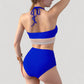 High Waist Bikini Set with Crochet Waistband and Halter V Neck Top