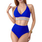 High Waist Bikini Set with Crochet Waistband and Halter V Neck Top