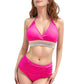 High Waist Bikini Set with Crochet Waistband and Halter V Neck Top