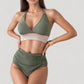 High Waist Bikini Set with Crochet Waistband and Halter V Neck Top