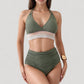 High Waist Bikini Set with Crochet Waistband and Halter V Neck Top