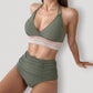 High Waist Bikini Set with Crochet Waistband and Halter V Neck Top