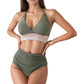 High Waist Bikini Set with Crochet Waistband and Halter V Neck Top