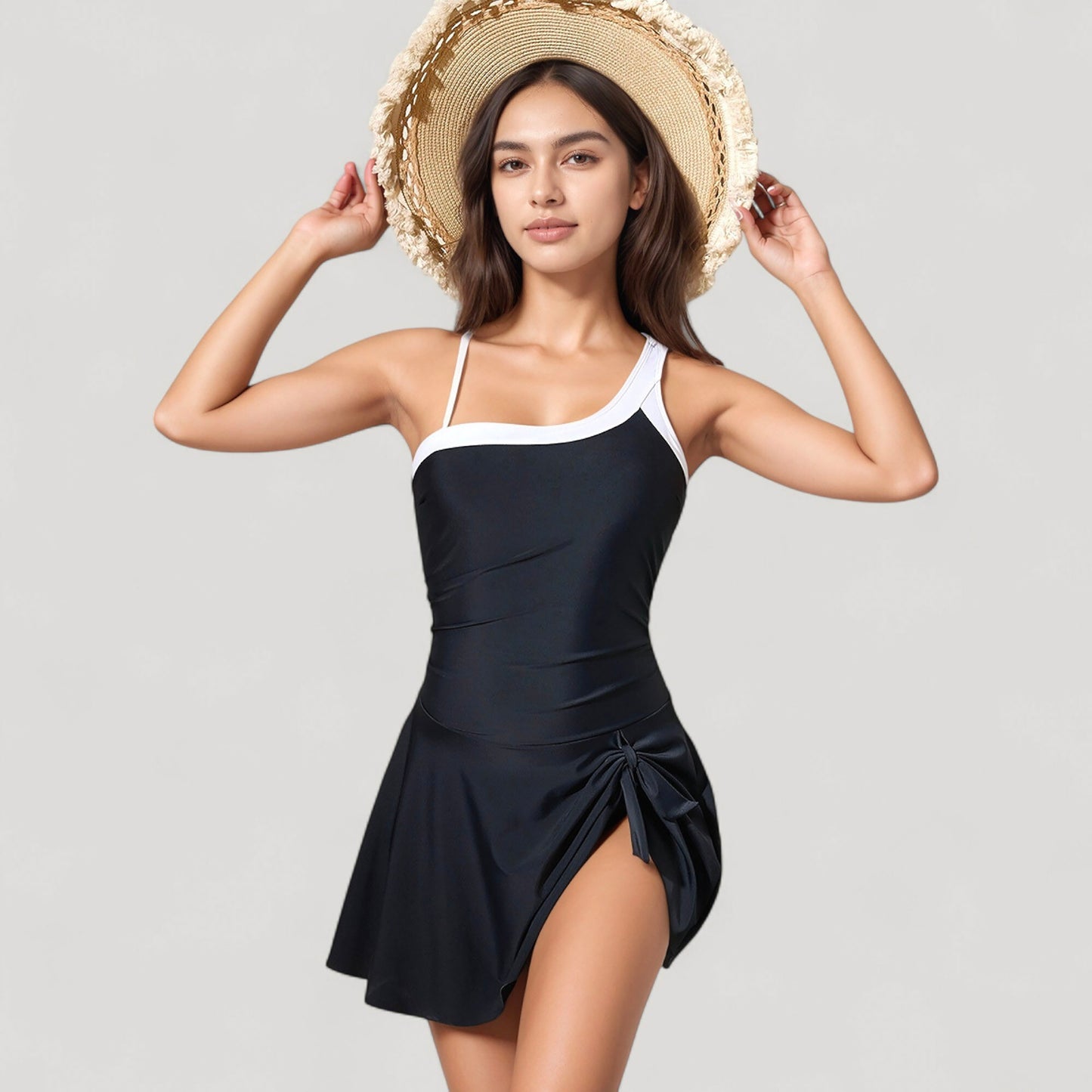 One Shoulder Swim Dress with Contrast Trim and Side Tie Detail