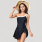 One Shoulder Swim Dress with Contrast Trim and Side Tie Detail