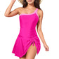 One Shoulder Swim Dress with Contrast Trim and Side Tie Detail