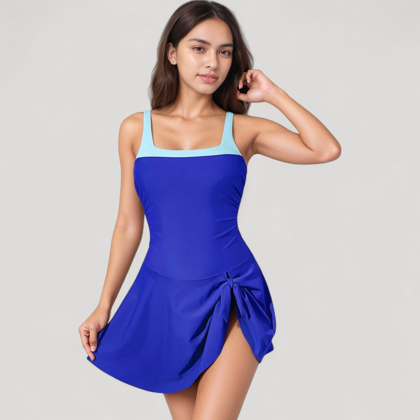 Square Neck Swim Dress with Contrast Trim and Side Bow Skirt Overlay