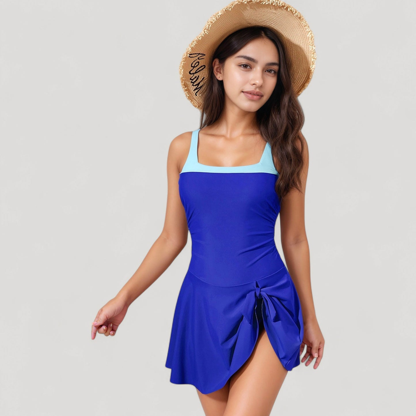 Square Neck Swim Dress with Contrast Trim and Side Bow Skirt Overlay