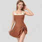 Square Neck Swim Dress with Contrast Trim and Side Bow Skirt Overlay