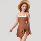 Square Neck Swim Dress with Contrast Trim and Side Bow Skirt Overlay