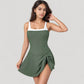 Square Neck Swim Dress with Contrast Trim and Side Bow Skirt Overlay