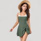 Square Neck Swim Dress with Contrast Trim and Side Bow Skirt Overlay