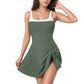 Square Neck Swim Dress with Contrast Trim and Side Bow Skirt Overlay
