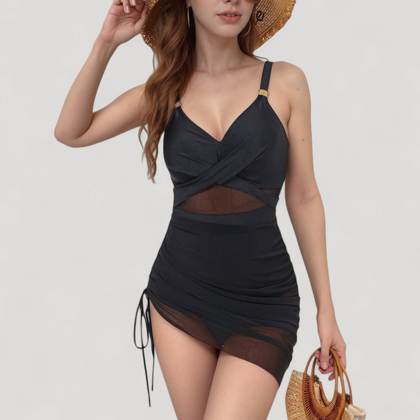 Ruched One Piece Swim Dress with Mesh Waist Detail and Adjustable Side Drawstring