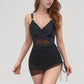 Ruched One Piece Swim Dress with Mesh Waist Detail and Adjustable Side Drawstring