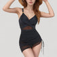 Ruched One Piece Swim Dress with Mesh Waist Detail and Adjustable Side Drawstring