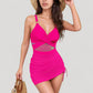 Ruched One Piece Swim Dress with Mesh Waist Detail and Adjustable Side Drawstring
