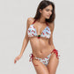 Cherry Print Triangle Bikini Set with Ruched Cups and Red Tie Side Bottoms