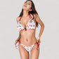 Cherry Print Triangle Bikini Set with Ruched Cups and Red Tie Side Bottoms