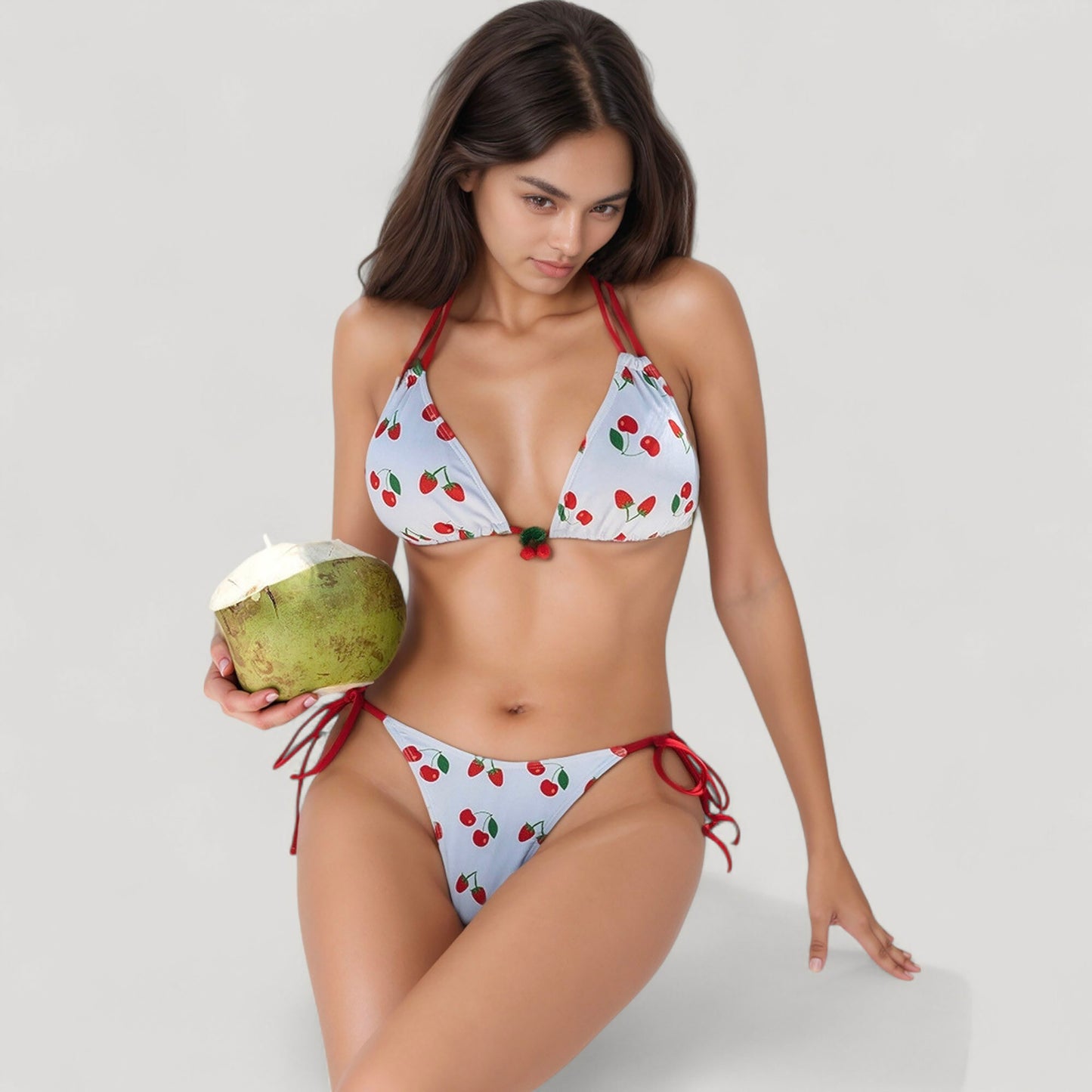 Cherry Print Triangle Bikini Set with Ruched Cups and Red Tie Side Bottoms