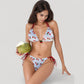 Cherry Print Triangle Bikini Set with Ruched Cups and Red Tie Side Bottoms