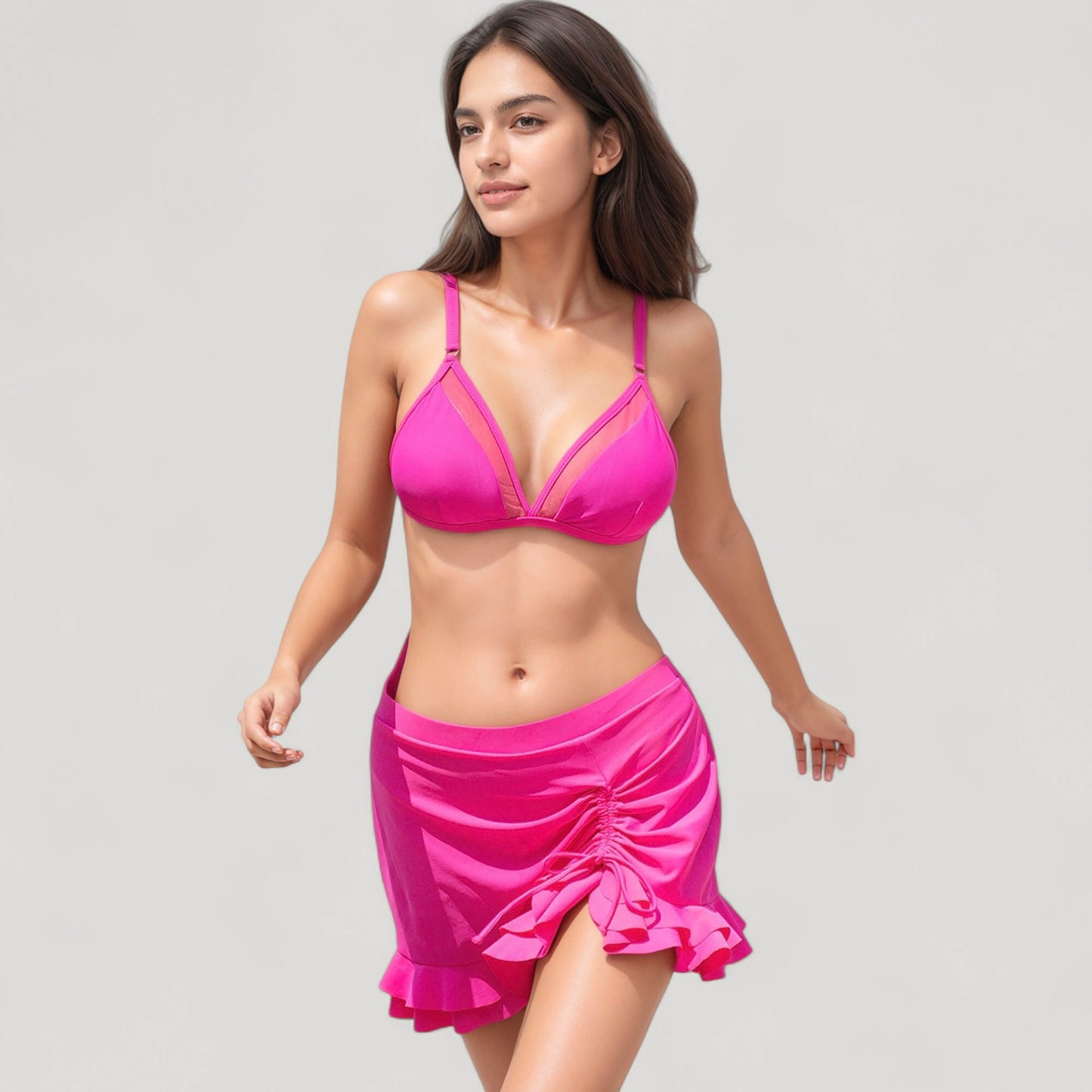 Mesh Panel Bikini Set with Adjustable Triangle Top and Mid-Rise Bottoms