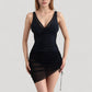 Mesh Ruched One Piece Swimsuit Dress with V Neckline and Adjustable Side Drawstring