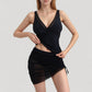 Mesh Ruched One Piece Swimsuit Dress with V Neckline and Adjustable Side Drawstring