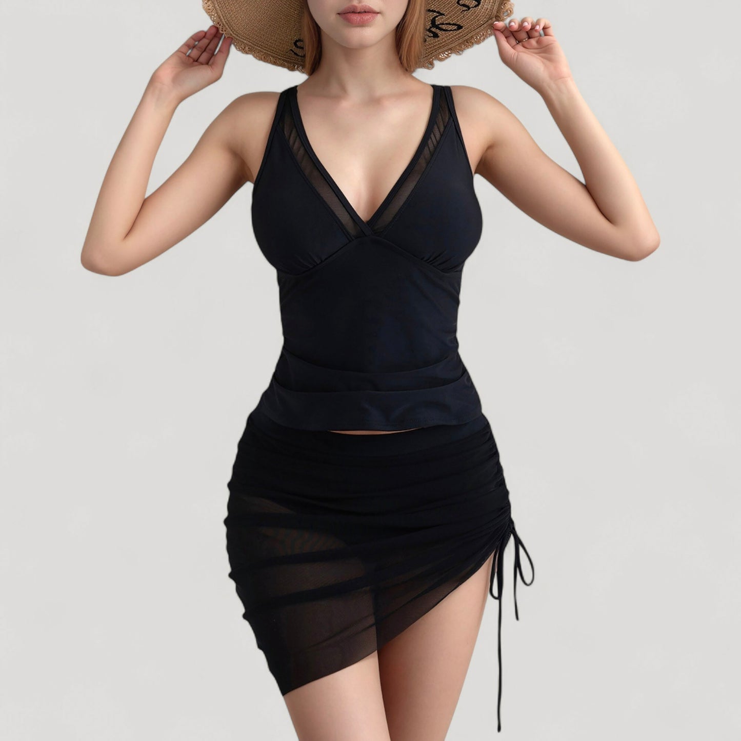 Mesh Ruched One Piece Swimsuit Dress with V Neckline and Adjustable Side Drawstring