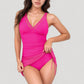 Mesh Ruched One Piece Swimsuit Dress with V Neckline and Adjustable Side Drawstring